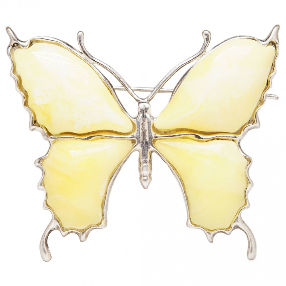 Брошь большая "Бабочка" янтарь белый посеребрение 167
