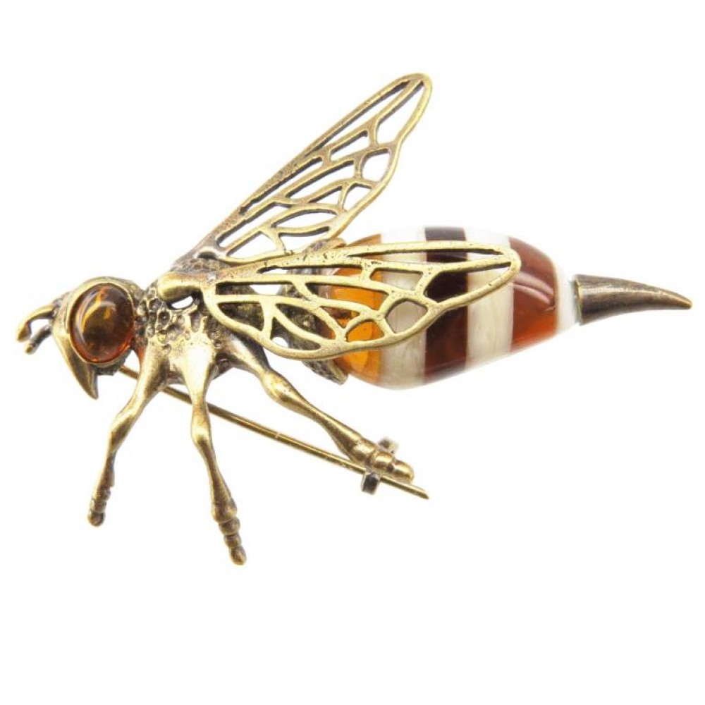 Брошь Пчела большая янтарь бронза пчелка 6.5 см 181