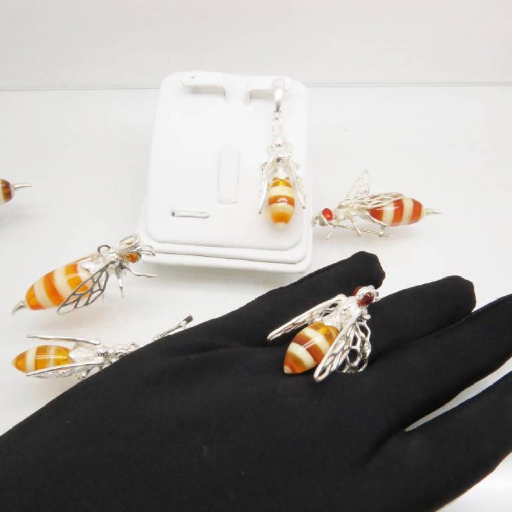 Серьги Пчёлы с янтарём посеребрение 1139