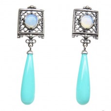 Серьги длинные Майорка голубая лунник посеребрение 1845