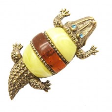 Брошь - кулон Крокодил янтарь микс бронза 1820