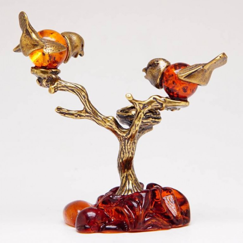 Фигурка Птички на дереве у гнезда (янтарь, латунь, бронза) 296