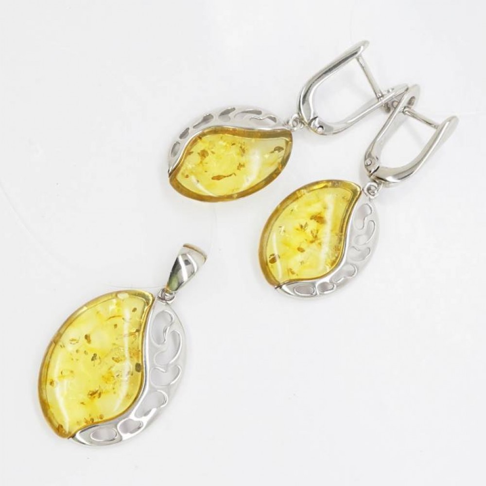 Яркие серебряные серьги "Модерн" с лимонным янтарём серебро 925 Ag 154