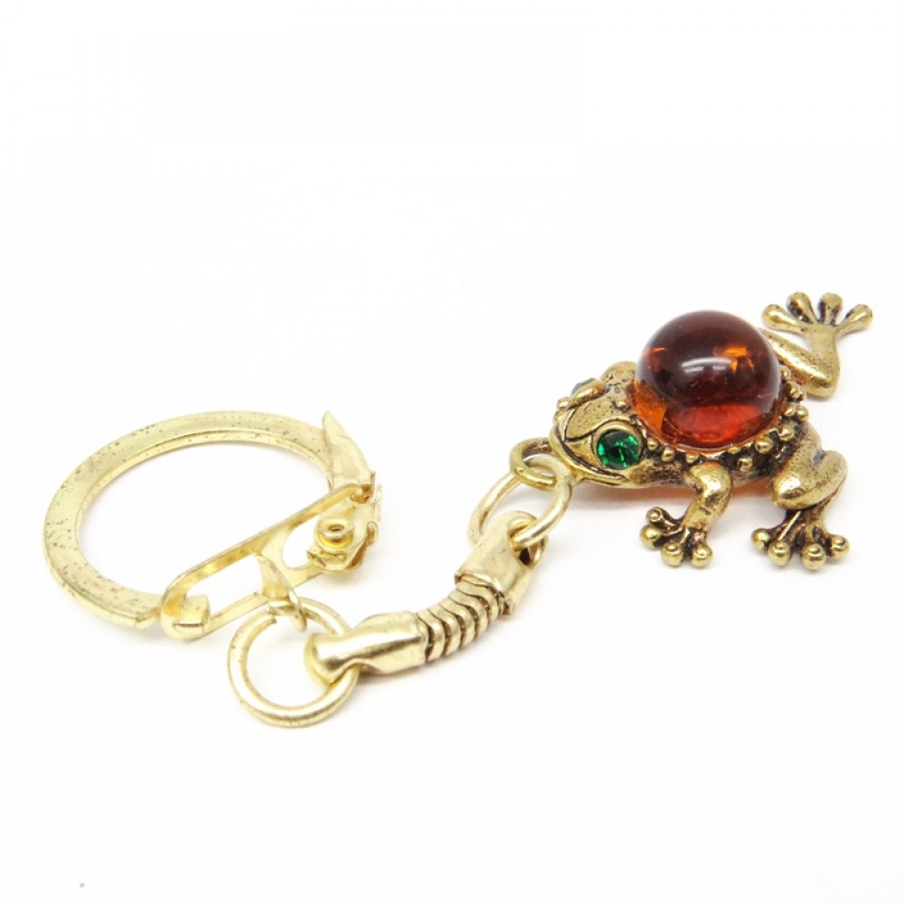 Брелок для ключей "Лягушка" янтарь бронза стразы 1360